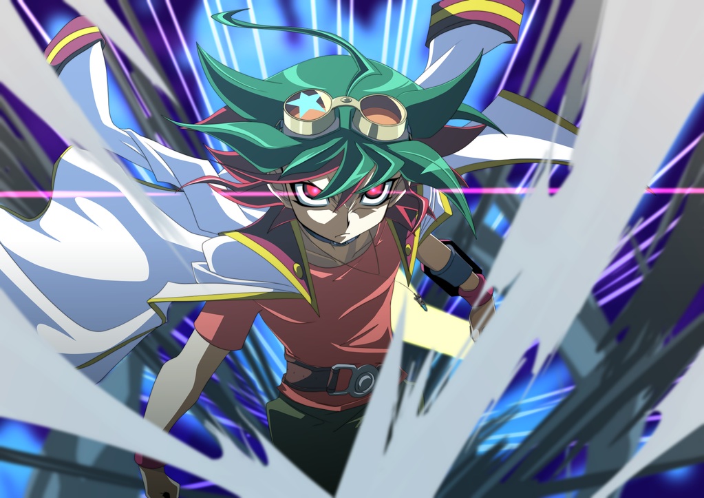 1boy, ahoge, belt, choker, glowing, glowing_eyes, goggles, goggles_on_head, green_hair, jacket_on_shoulders, male_focus, multicolored_hair, red_eyes, redhead, sakaki_yuuya, solo, yuu-gi-ou, yuu-gi-ou_arc-v, zeke_(analogmon)