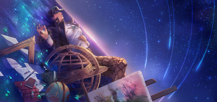 1boy, book, canvas, globe, hat, ishiima_shiro, jojo_no_kimyou_na_bouken, kuujou_joutarou
