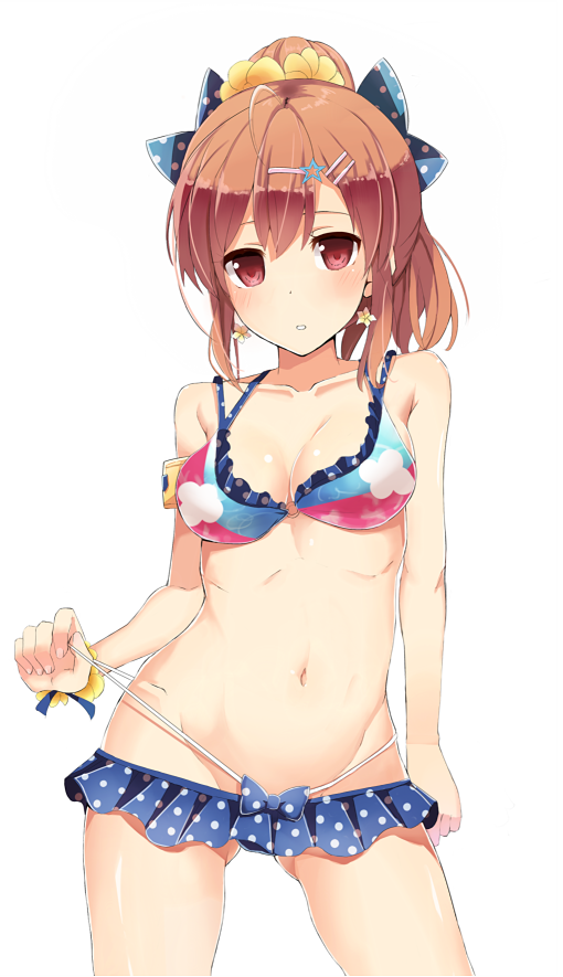1girl, bare_arms, bikini, bikini_pull, blush, bow, breasts, brown_hair