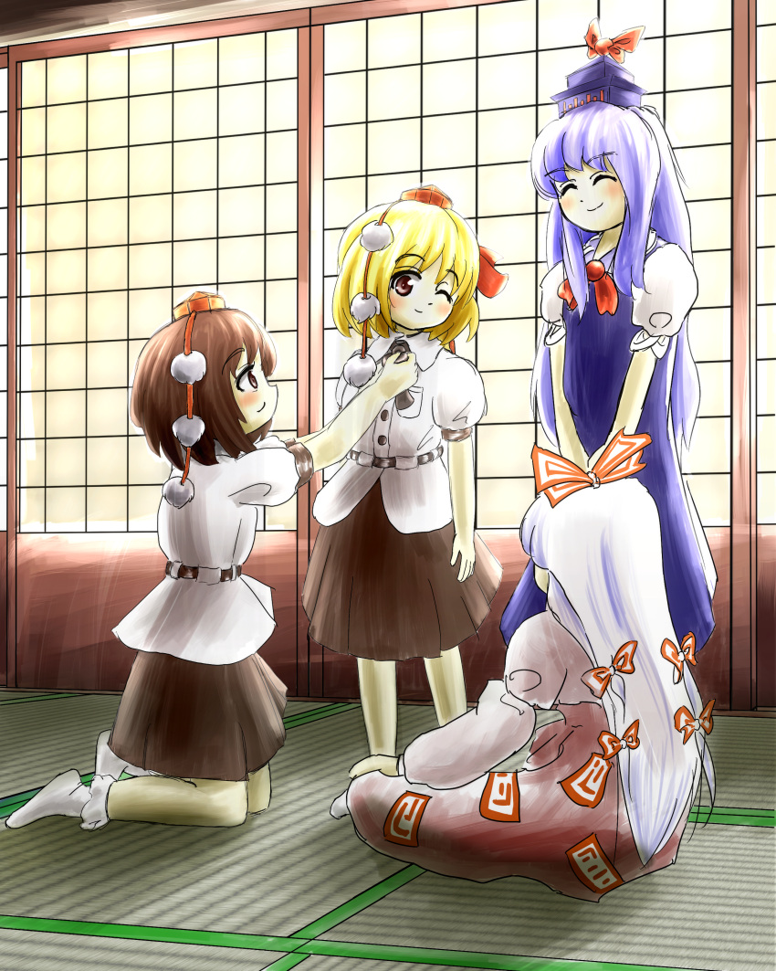4girls, ^_^, absurdres, blonde_hair, blue_hair, brown_hair, closed_eyes, dress, dressing, fujiwara_no_mokou, hair_ribbon, hat, highres, kamishirasawa_keine, long_hair, multiple_girls, ofuda, ofuton_(niigata_kenmin), pom_pom_(clothes), puffy_short_sleeves, puffy_sleeves, ribbon, rumia, shameimaru_aya, shameimaru_aya_(cosplay), shirt, short_hair, short_sleeves, sitting, skirt, sliding_doors, tokin_hat, touhou, white_hair