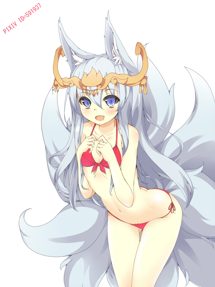 1girl, animal_ears, bent_over, bikini, blue_eyes, collarbone, fox_ears, fox_tail, hair_ornament, highres, long_hair, mitsuki_(p&amp;d), multiple_tails, ootsuki_momiji, open_mouth, puzzle_&amp;_dragons, red_bikini, side-tie_bikini, silver_hair, smile, solo, swimsuit, tail, very_long_hair