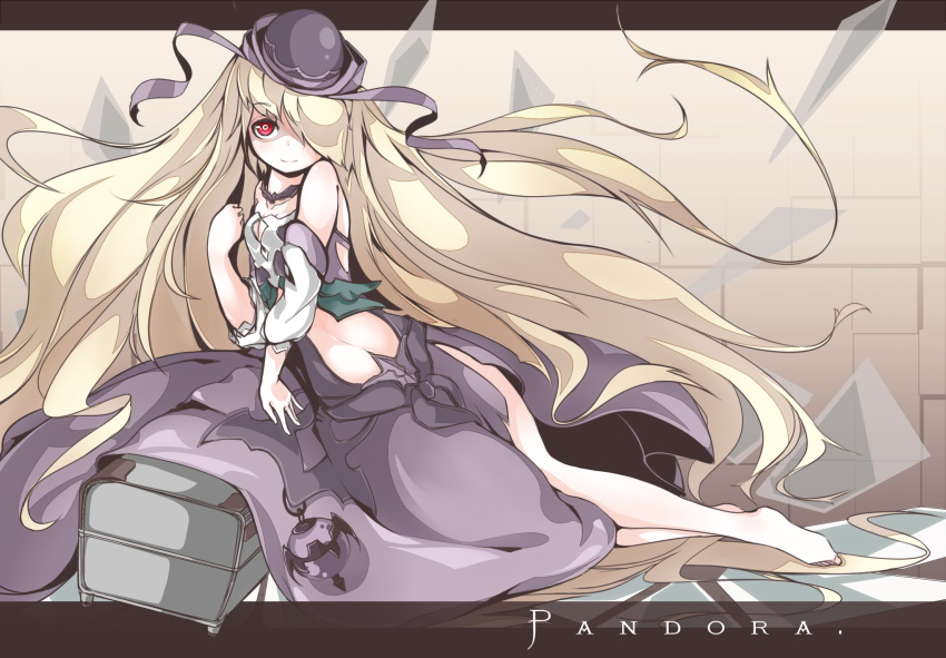 1girl, barefoot, blonde_hair, character_name, hair_over_one_eye, hat, highres, letterboxed