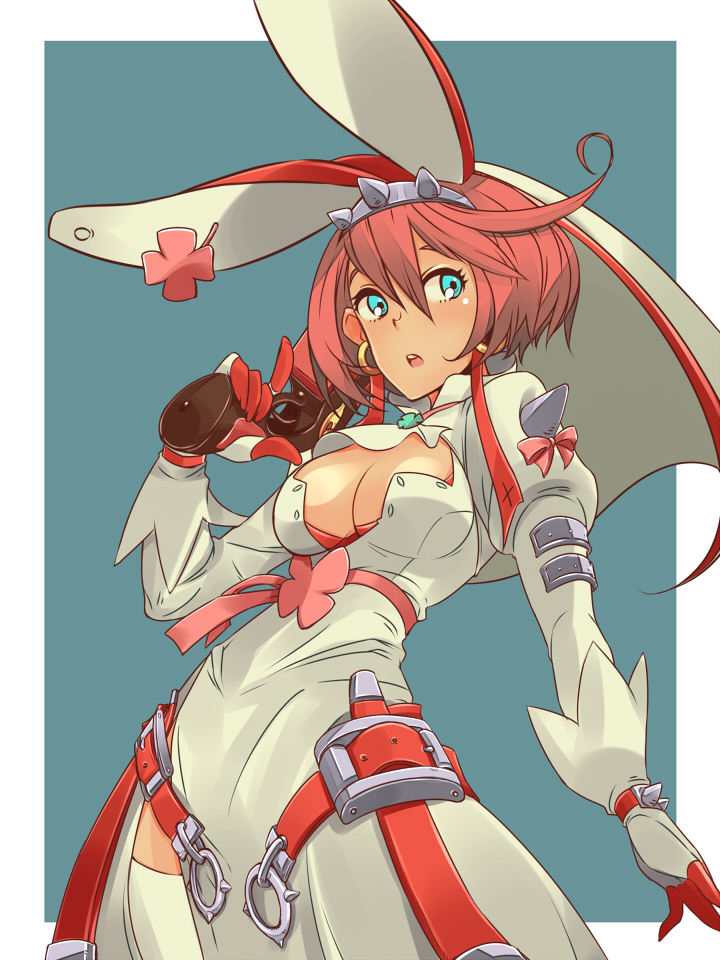 1girl, animal_ears, blue_background, blue_eyes, breasts, cleavage, cleavage_cutout, elphelt_valentine