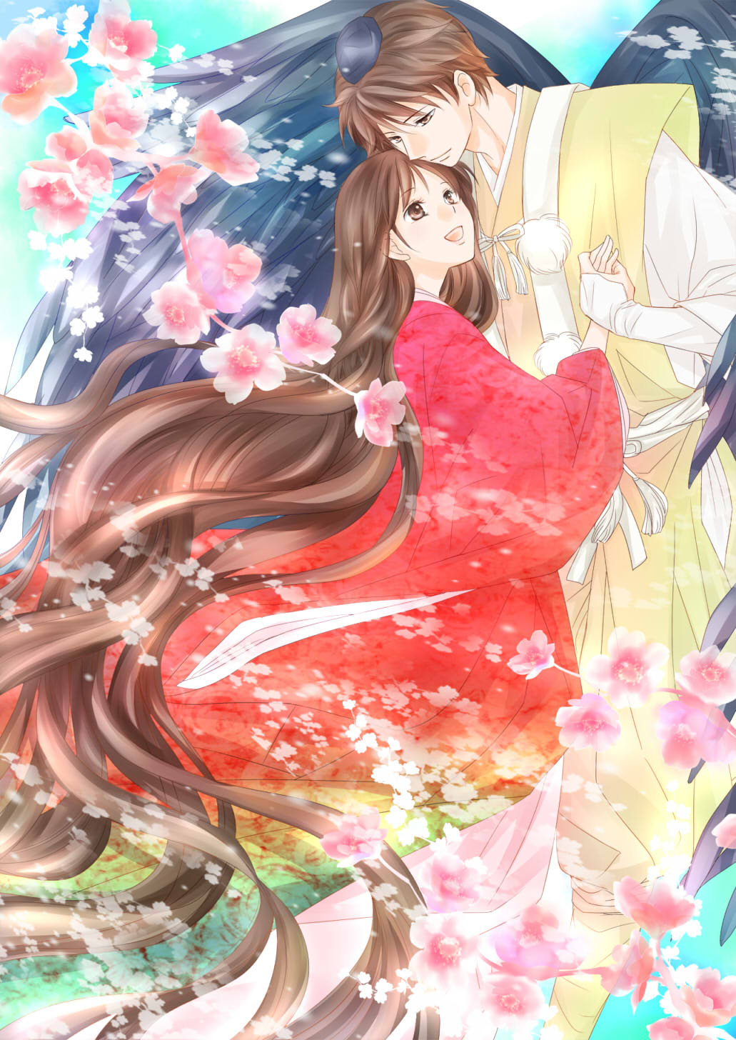 1boy, 1girl, branch, brown_eyes, brown_hair, flower, hat, highres
