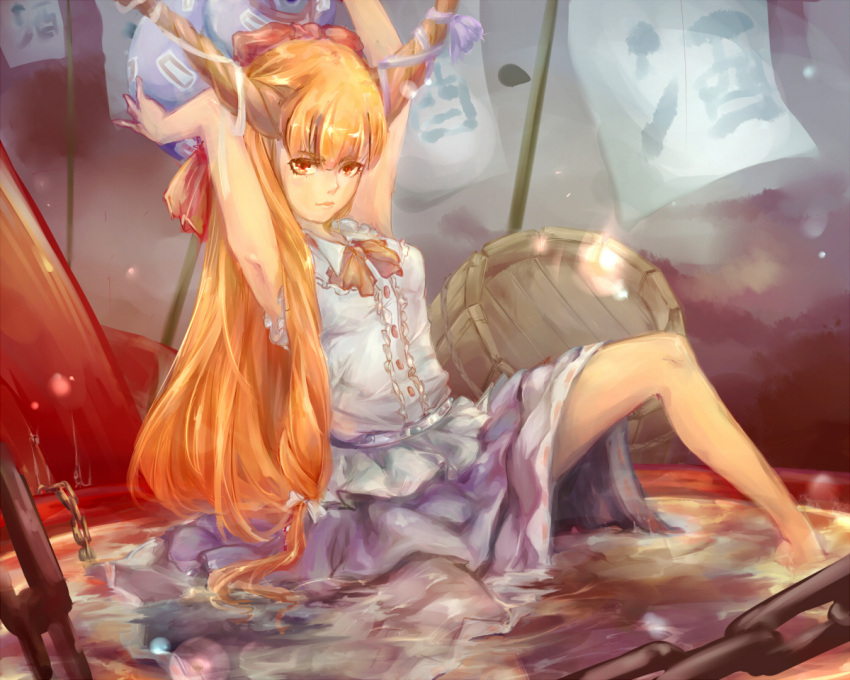 1girl, blonde_hair, chain, chong_(wjzcy6688), gourd, ibuki_suika, solo, touhou