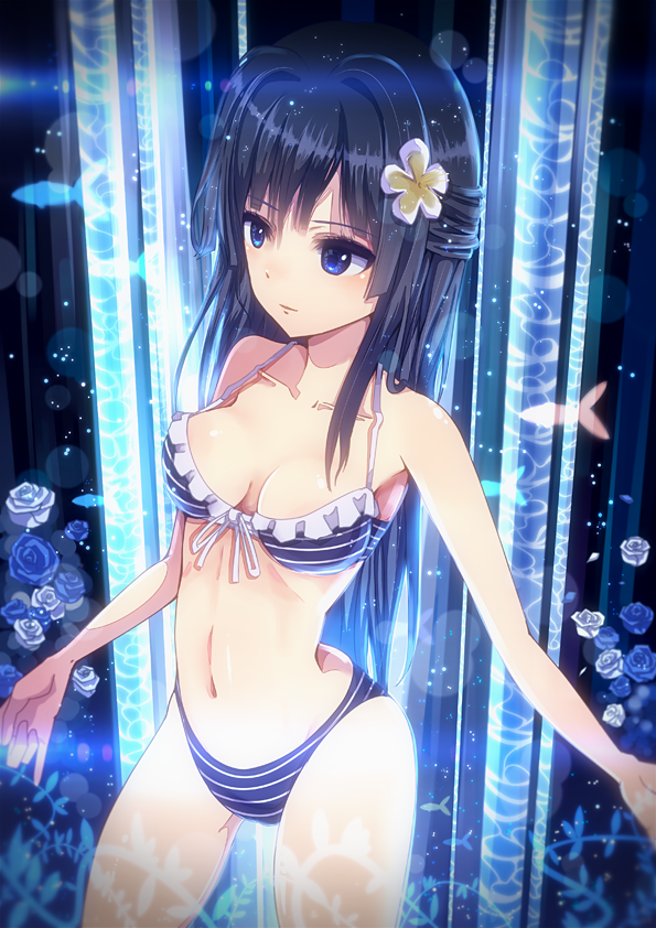 1girl, black_hair, blue_eyes, breasts, butterfly_hair_ornament, hair_ornament, half_updo, idolmaster