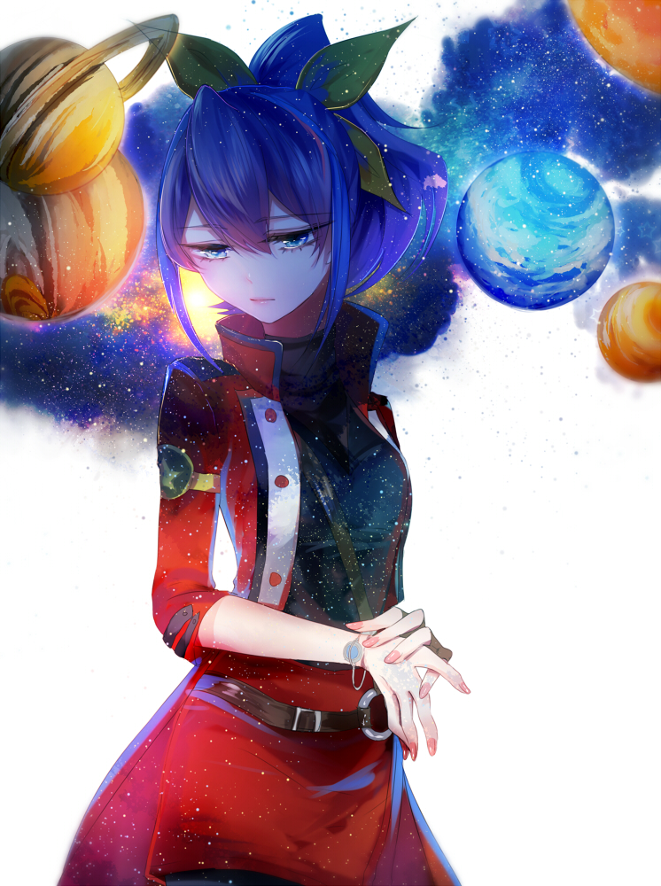 1girl, anyezi, belt, blue_eyes, blue_hair, bow, bracelet, hair_bow
