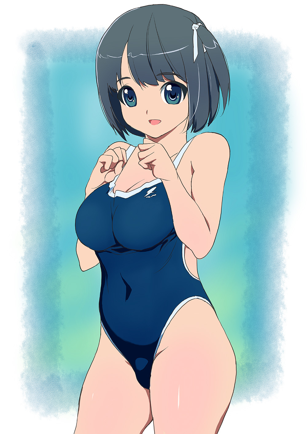 blue_hair, competition_swimsuit, fat_mons, highres, kawasaki_kazuhiko, one-piece_swimsuit, original, short_hair