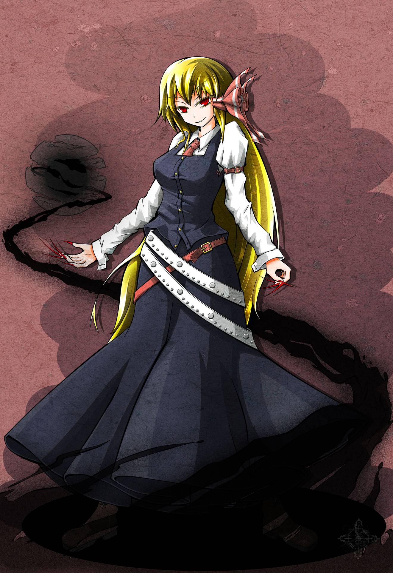 alternate_hair_length, alternate_hairstyle, belt, blonde_hair, darkness, fingernails, hair_ribbon, highres, long_fingernails, long_hair, nj42u6, older, red_eyes, red_fingernails, ribbon, rumia, sharp_fingernails, shirt, skirt, smile, touhou, tsurime, very_long_hair, vest