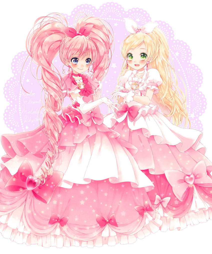 2girls, blonde_hair, blue_eyes, blush, bow, brooch, choker, cure_melody