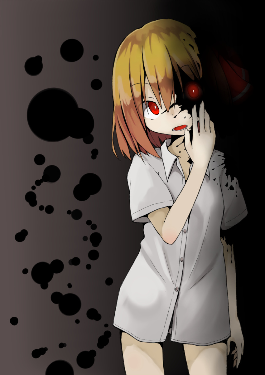 1girl, :o, asameshi, blonde_hair, dark, darkness, glowing, glowing_eye