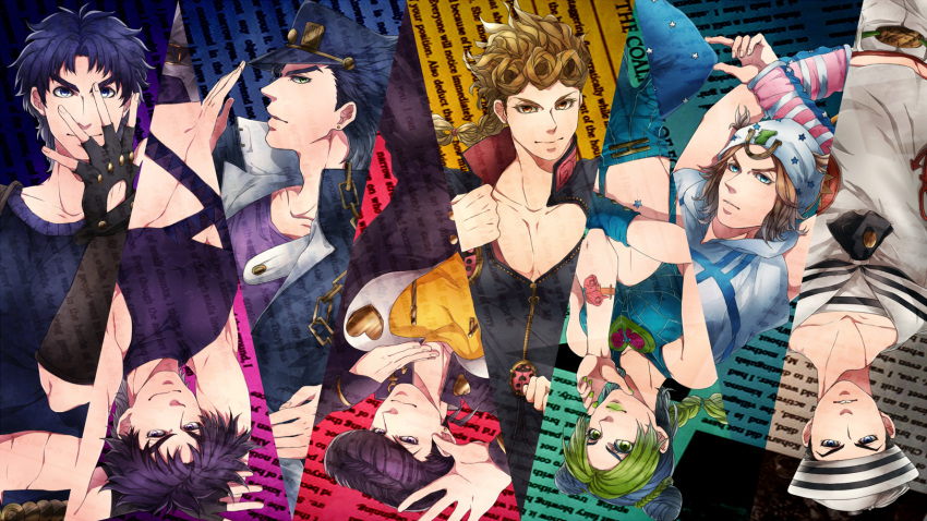 1girl, 6+boys, giorno_giovanna, higashikata_jousuke, higashikata_jousuke_(jojolion), highres, johnny_joestar, jojo_no_kimyou_na_bouken