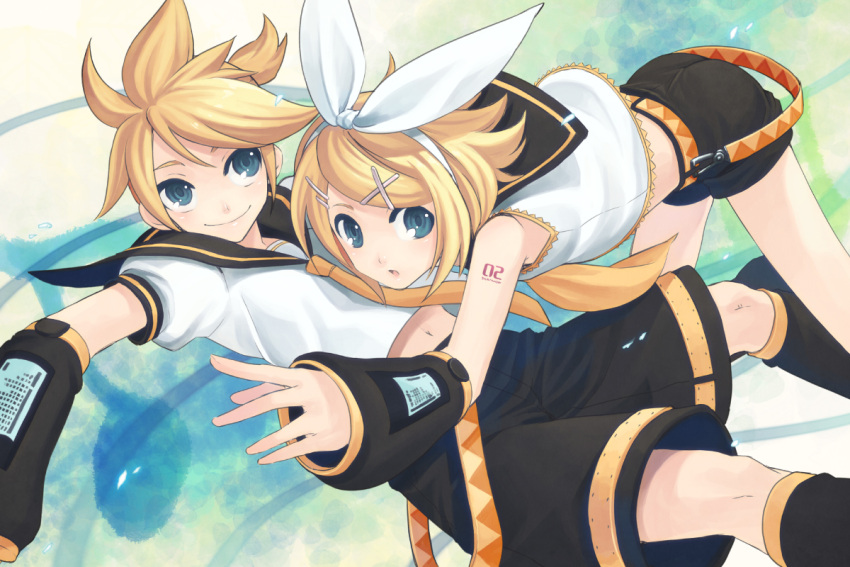 blue_eyes, detached_sleeves, hair_ornament, hair_ribbon, hairclip, kagamine_len, kagamine_rin, necktie