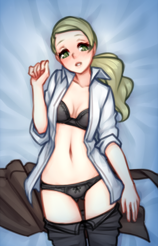 1girl, bangs, black_bra, black_panties, blush, bra, dakimakura, green_eyes