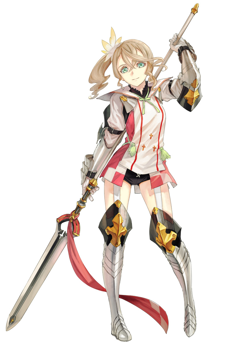 1girl, absurdres, alisha_(tales), artist_request, boots, brown_hair, buruma, gauntlets