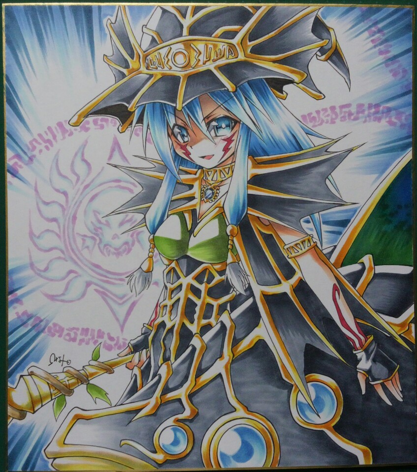 1girl, aqua_eyes, aqua_hair, armband, choker, colored_pencil_(medium), duel_monster, evigishki_mind_augus