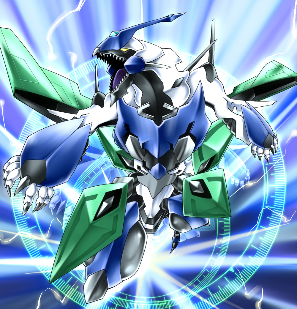 clear_wing_synchro_dragon, dragon, duel_monster, mechanical, no_humans, omega_na_hito, sharp_teeth, yellow_eyes, yuu-gi-ou
