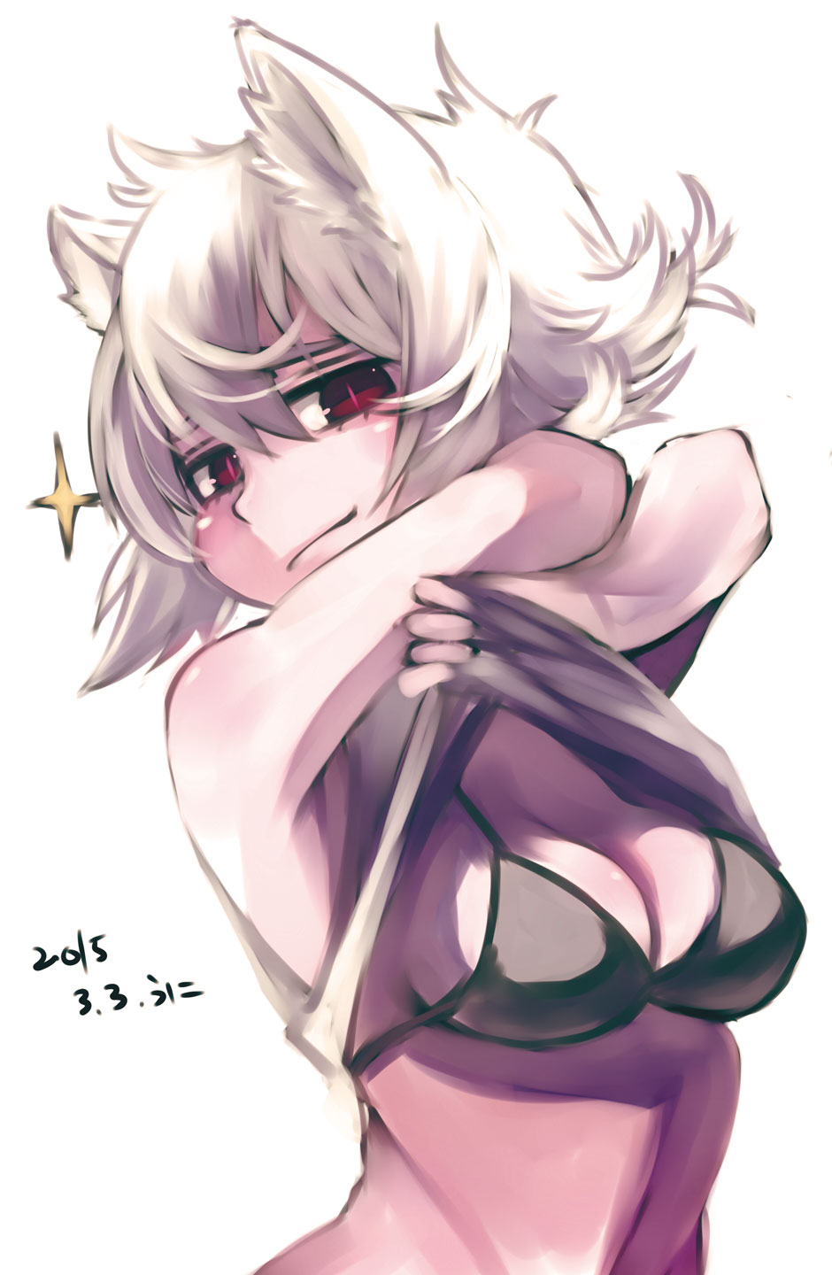 1girl, albino, animal_ears, bikini, bikini_top, bikini_under_clothes, black_bikini, breasts