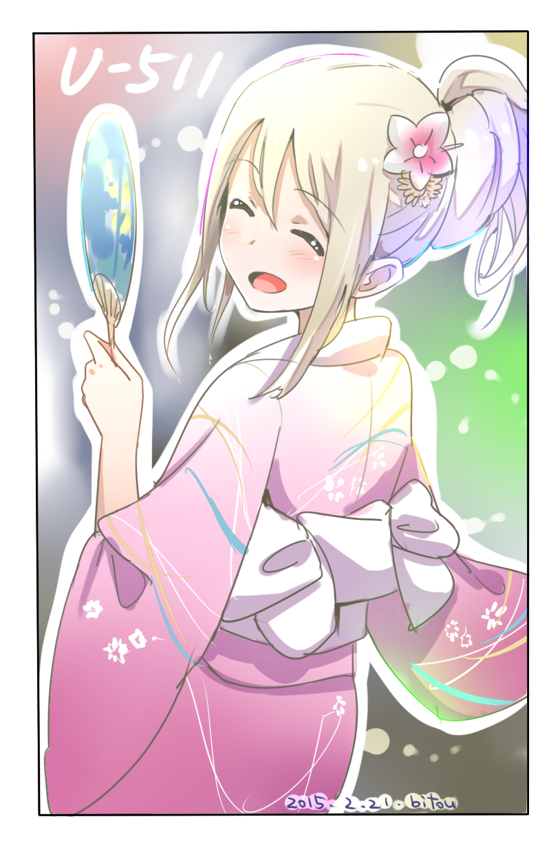 1girl, alternate_costume, alternate_hairstyle, bitou_(bitoumaturi), closed_eyes, floral_print, folded_ponytail, furisode