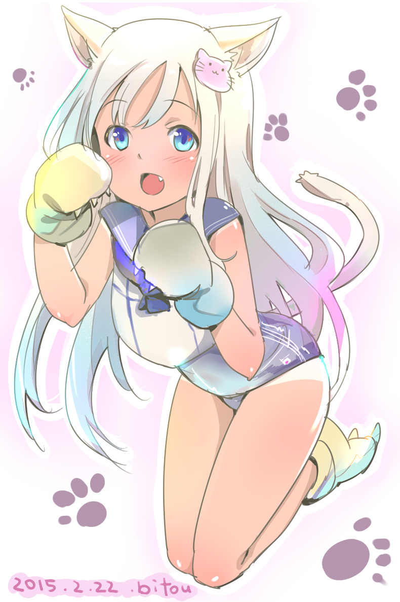 1girl, bitou_(bitoumaturi), blonde_hair, blue_eyes, crop_top, dated, fang, flower
