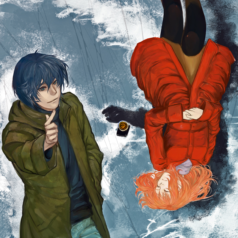 cellphone, closed_eyes, coat, finger_gun, higashi_no_eden, kusumori_shiba, morimi_saki, orange_hair