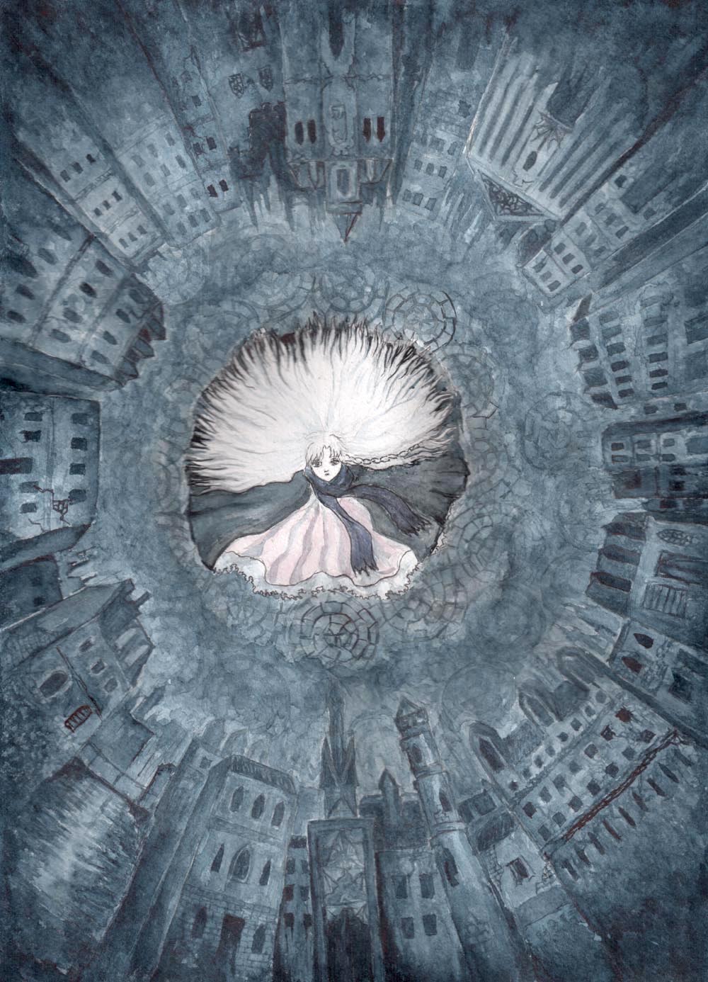 1girl, asymmetrical_hair, braid, dress, girl_(tenshi_no_tamago), highres, ilone-ly, long_hair