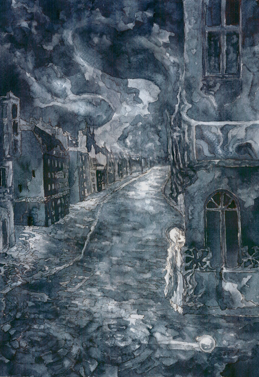 1girl, bottle, clouds, cloudy_sky, dark_clouds, dress, girl_(tenshi_no_tamago), highres