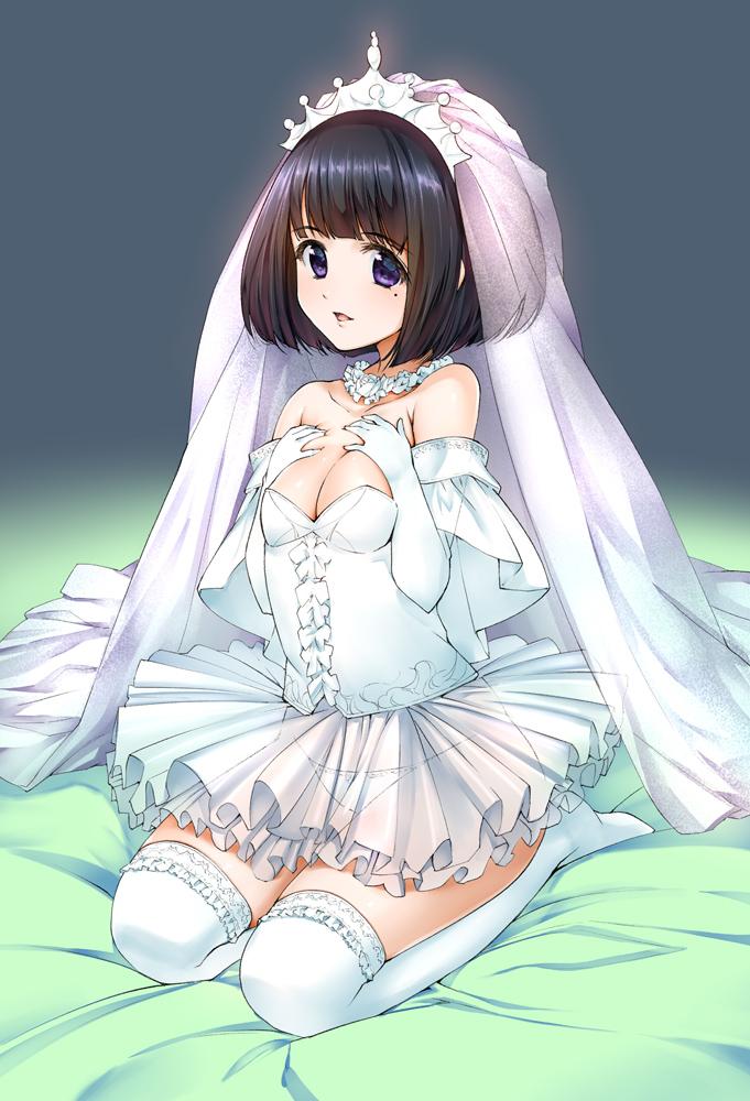 1girl, bare_shoulders, black_hair, breasts, bridal_veil, cleavage, darwin's_game, dress, elbow_gloves, gloves, kashiwagi_rein, solo, takahata_yuki, thigh-highs, tiara, veil, violet_eyes, wedding_dress