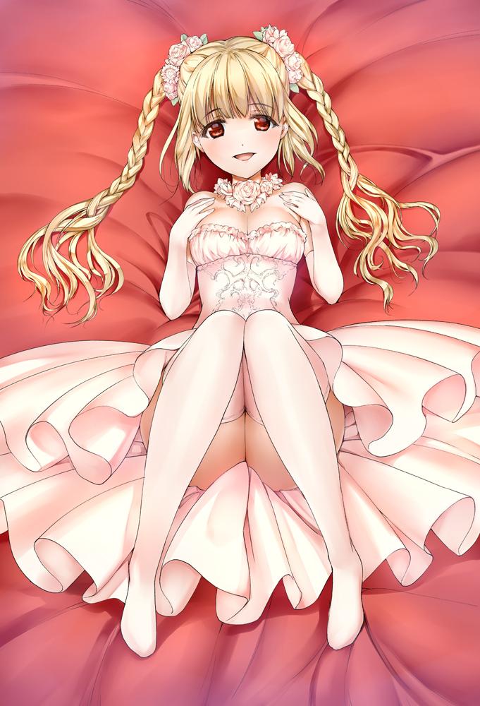 1girl, bare_shoulders, blonde_hair, braid, darwin's_game, dress, elbow_gloves, flower