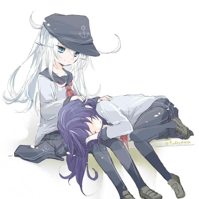2girls, akatsuki_(kantai_collection), anchor_symbol, black_legwear, black_shoes, black_skirt, blue_eyes, closed_eyes, closed_mouth, flat_cap, fudeyama_(fudeco), hair_between_eyes, hat, hat_removed, headwear_removed, hibiki_(kantai_collection), kantai_collection, long_hair, long_sleeves, lying_on_lap, lying_on_person, multiple_girls, neckerchief, pleated_skirt, purple_hair, school_uniform, serafuku, silver_hair, simple_background, skirt, smile, thigh-highs, twitter_username, white_background