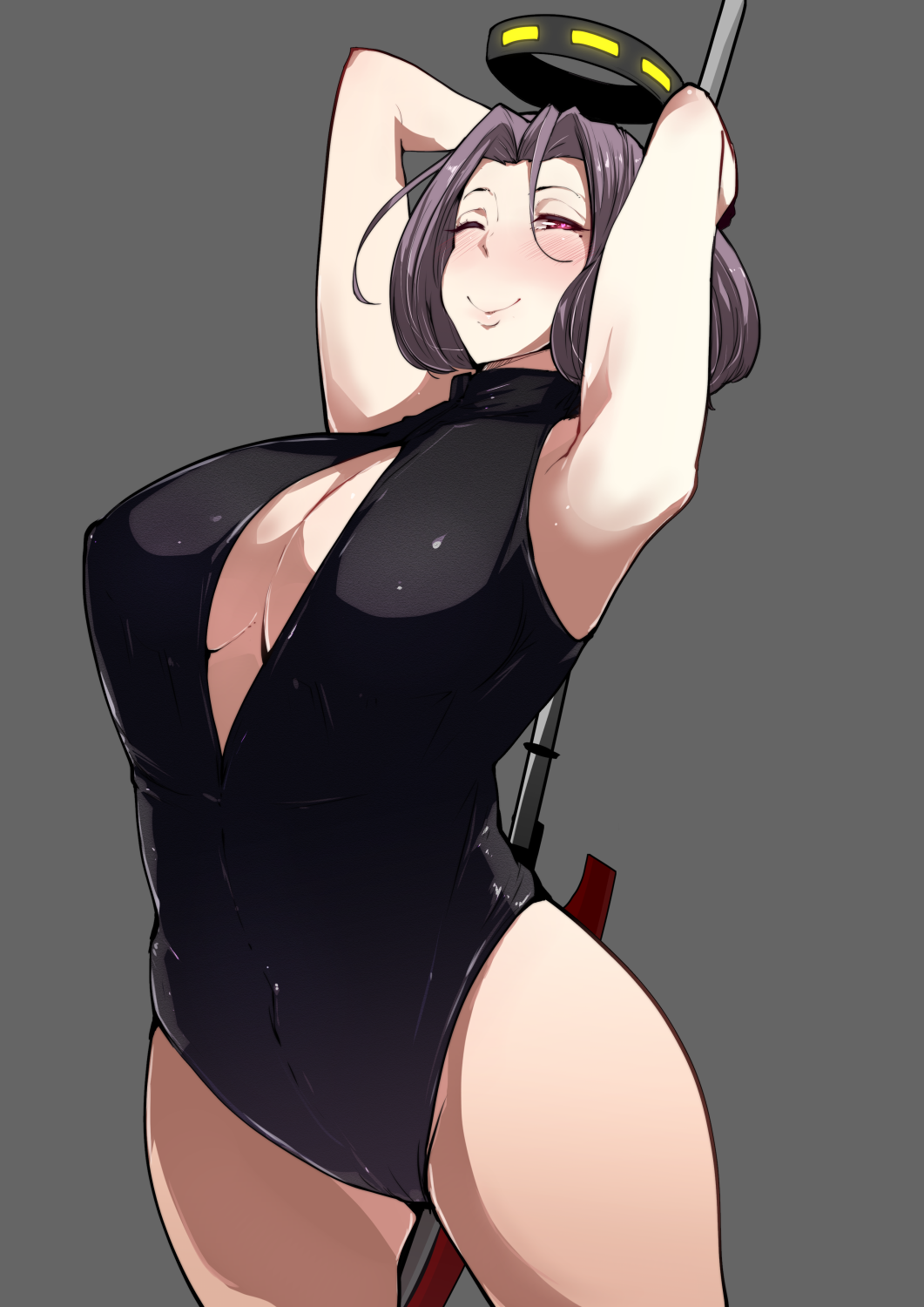 1girl, arms_up, blush, breasts, cleavage, grey_background, highres, ironblood