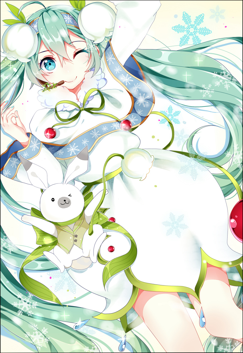 1girl, absurdres, ahoge, aqua_hair, blue_eyes, bubble_skirt, flower, hair_flower