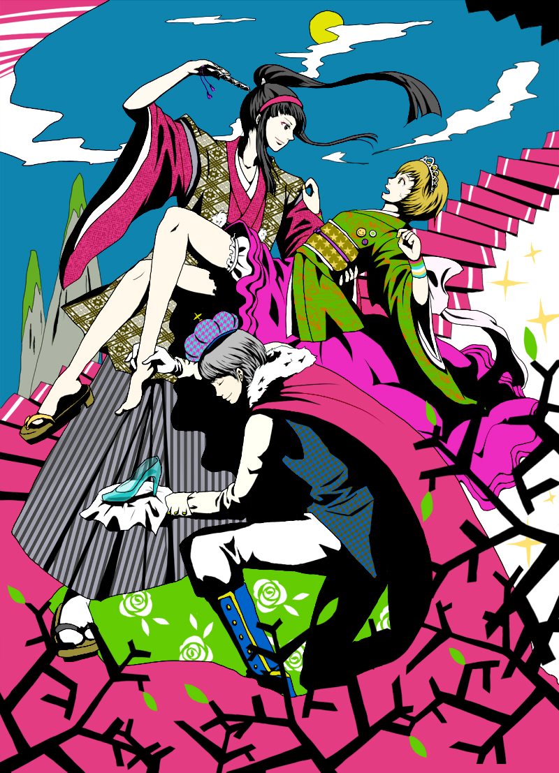 black_hair, brown_hair, glass_slipper, grey_hair, japanese_clothes, kimono, komaki_(pixiv_538722), komaki_(preppykicks)