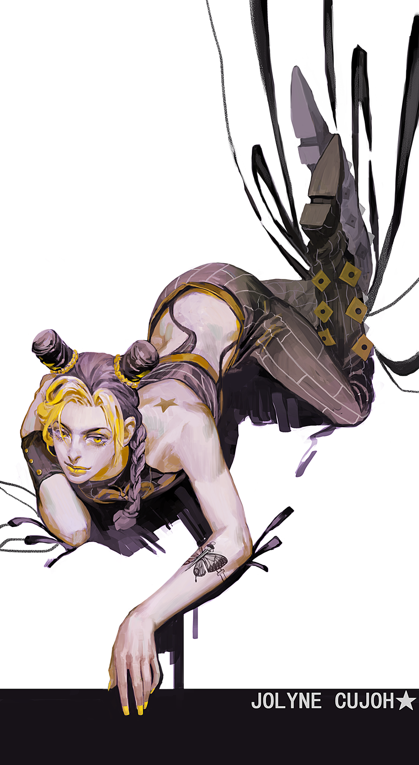 1girl, ao666, black_hair, blonde_hair, braid, double_bun, highres, jojo_no_kimyou_na_bouken