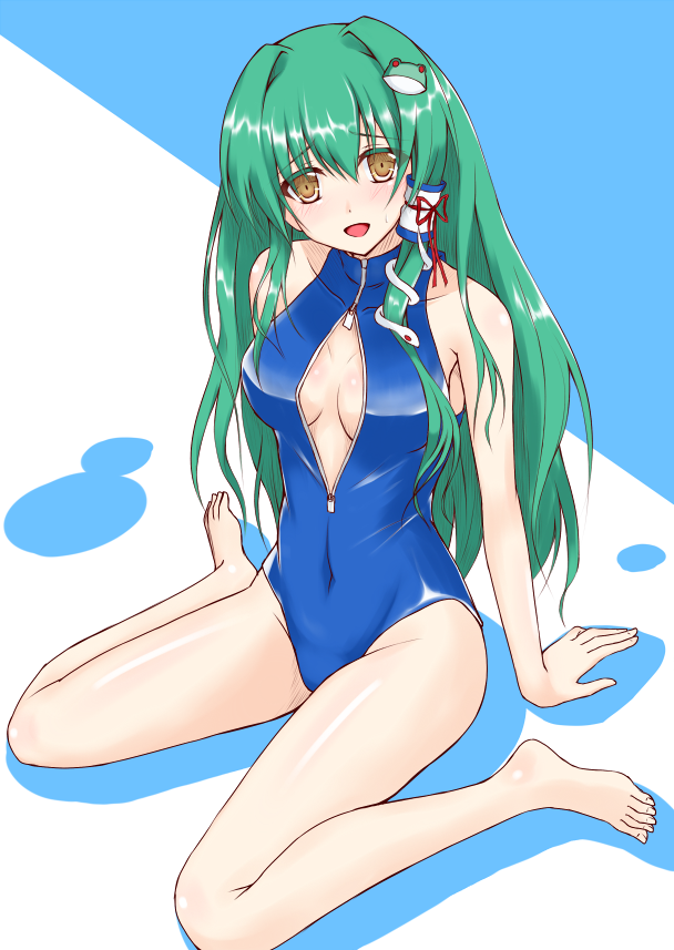 1girl, frog, frog_hair_ornament, green_eyes, green_hair, hair_ornament, kochiya_sanae, long_hair