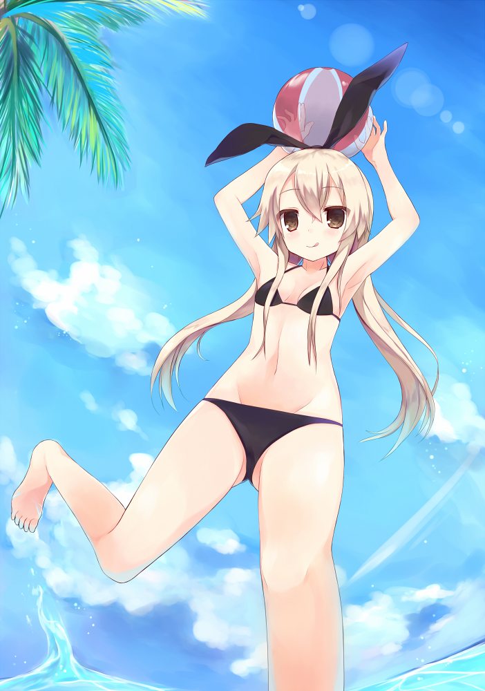 1girl, arms_up, ball, beachball, bikini, black_eyes, blonde_hair, hairband