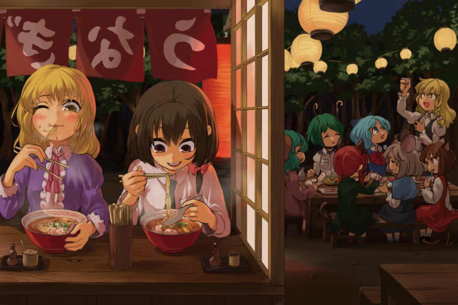 6+girls, amayadori-tei, animal_ears, antennae, back, blonde_hair, blue_eyes, blue_hair