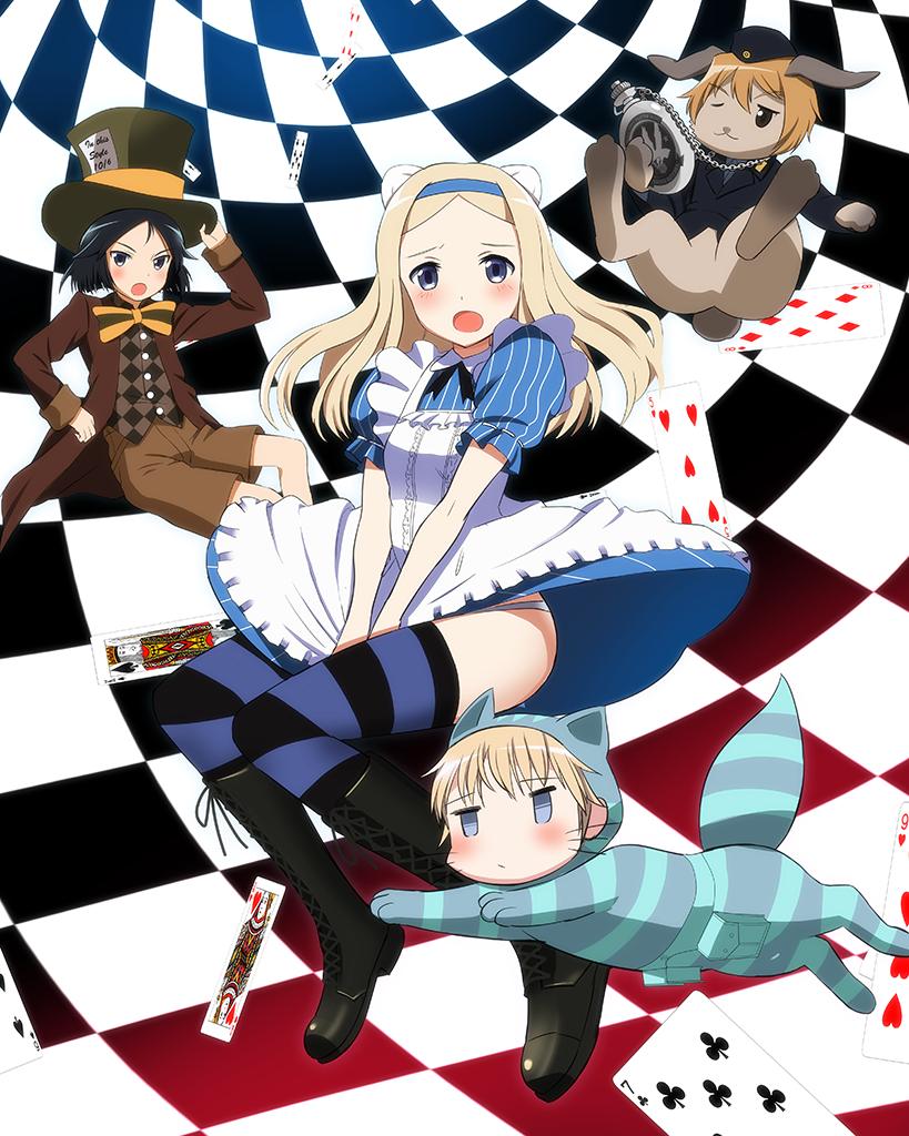 3girls, 502nd_joint_fighter_wing, aleksandra_i_pokryshkin, alice_(wonderland), alice_(wonderland)_(cosplay), alice_in_wonderland, animal_costume, animalization
