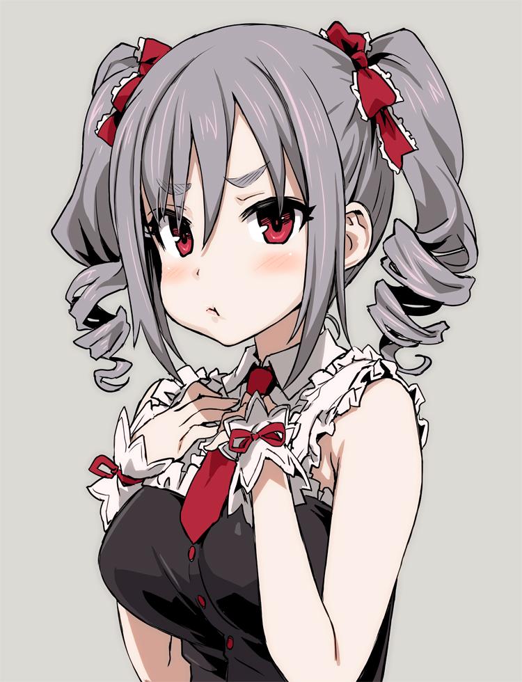 1girl, asanagi, blush, detached_collar, drill_hair, grey_hair, idolmaster, idolmaster_cinderella_girls