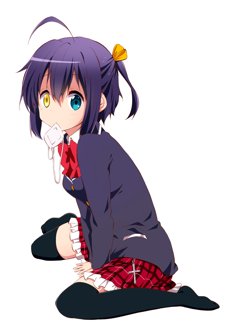 1girl, black_hair, black_legwear, blue_eyes, chuunibyou_demo_koi_ga_shitai!, eyepatch, eyepatch_removed, heterochromia