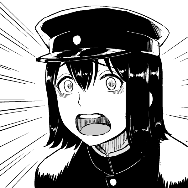 1girl, akitsu_maru_(kantai_collection), emphasis_lines, hat, kantai_collection, military, military_uniform, monochrome, nathaniel_pennel, open_mouth, peaked_cap, portrait, short_hair, solo, uniform