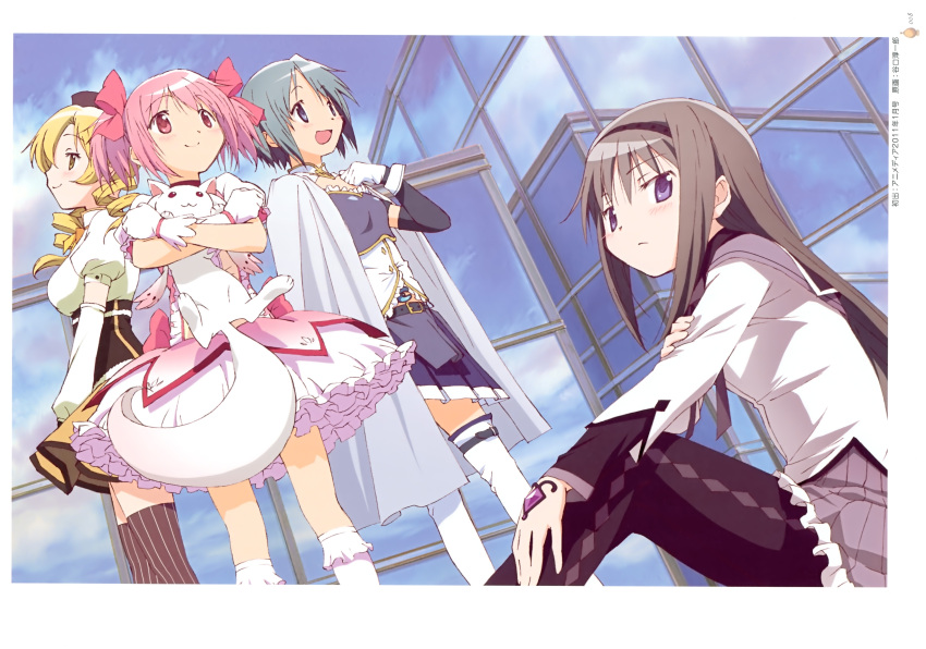 4girls, absurdres, akemi_homura, beret, black_hair, blonde_hair, bubble_skirt, cape