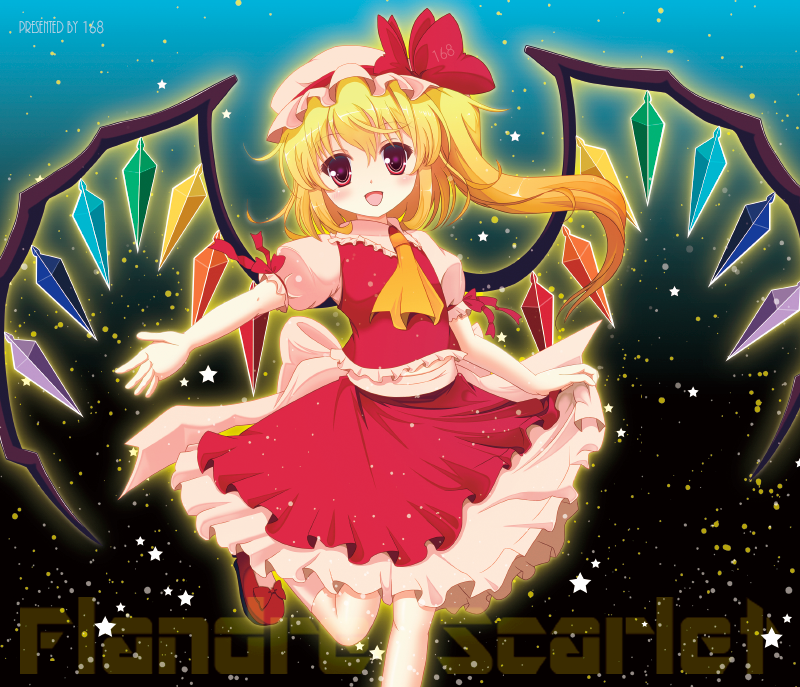 15_(tooka), 1girl, ascot, blonde_hair, blush, bow, character_name, crystal
