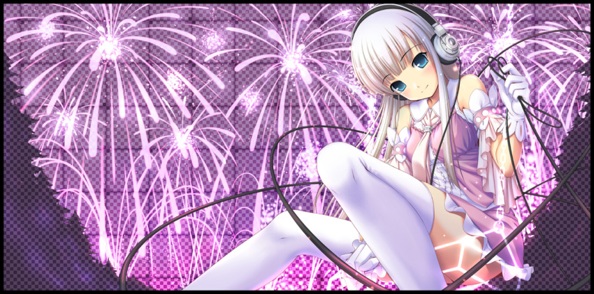 blue_eyes, blush, cable, fireworks, gloves, headphones, necktie, nomura_teruya