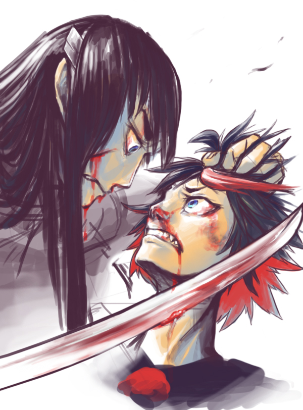 2girls, bad_end, black_hair, blood, blue_eyes, clenched_teeth, cutting, eyebrows