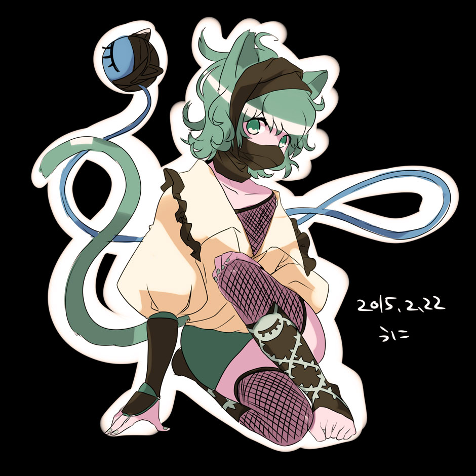 1girl, adapted_costume, animal_ears, barefoot, black_background, cat_ears, cat_tail, collarbone, curly_hair, dated, face_mask, fingerless_gloves, fishnets, gloves, green_eyes, green_hair, green_nails, hand_on_knee, komeiji_koishi, looking_at_viewer, mask, nail_polish, namauni, ninja, no_hat, shirt, short_hair, solo, tail, third_eye, touhou, yellow_shirt, yellow_topwear