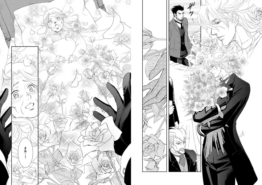 bouquet, comic, diego_brando, flower, formal, jojo_no_kimyou_na_bouken, k-zaki, monochrome