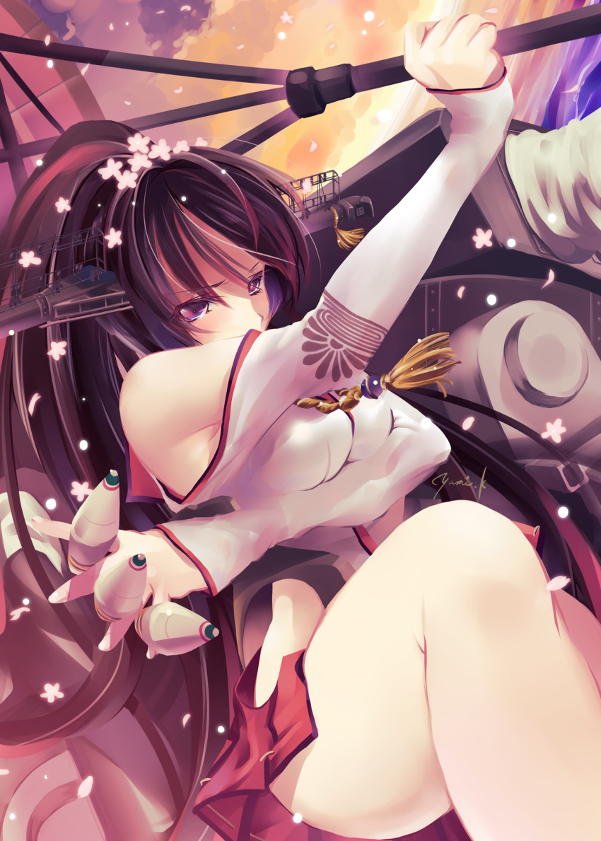 1girl, breast_squeeze, breasts, brown_eyes, brown_hair, cherry_blossoms, covering_mouth, crossed_arms
