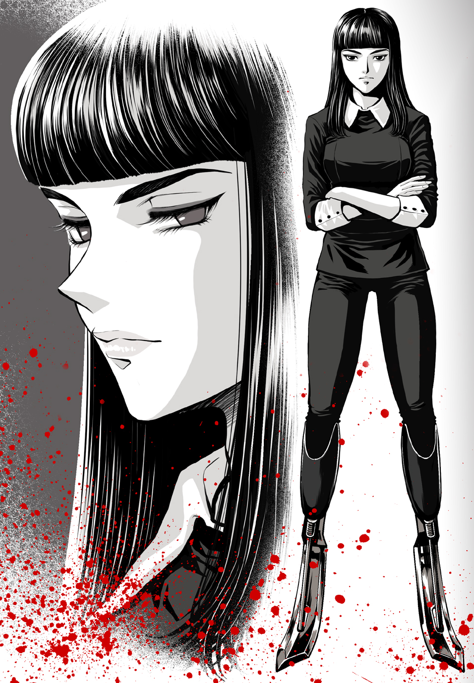 1girl, amputee, baitu, blood, blood_splatter, double_amputee, gazelle_(kingsman), highres