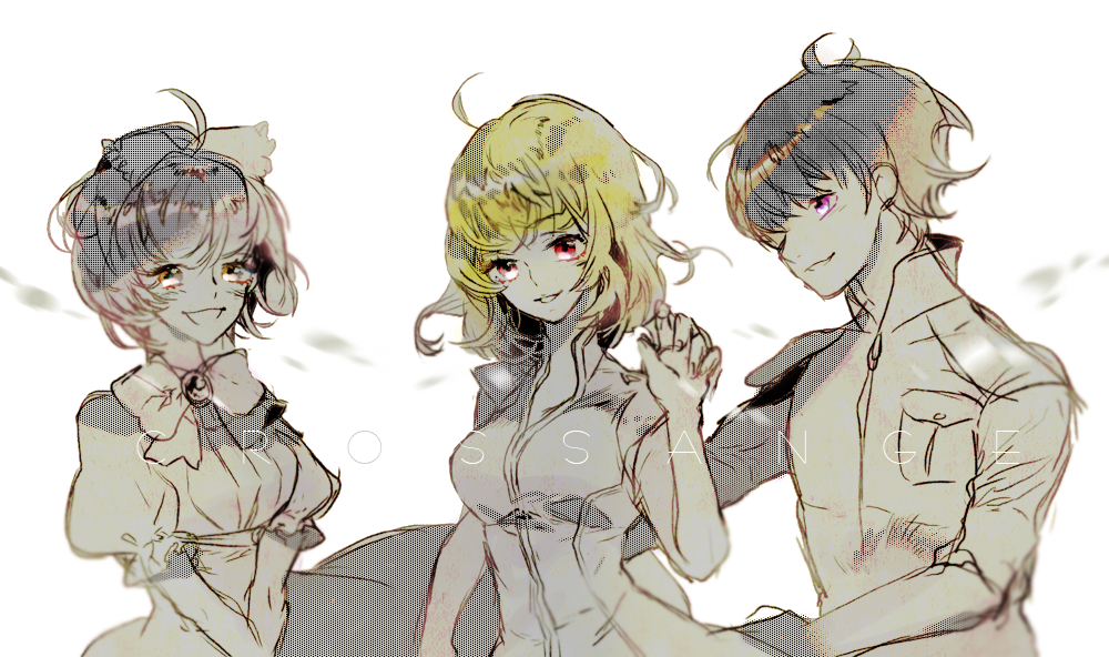 1boy, 2girls, angelise_ikaruga_misurugi, apron, blonde_hair, bow, breasts, brown_hair